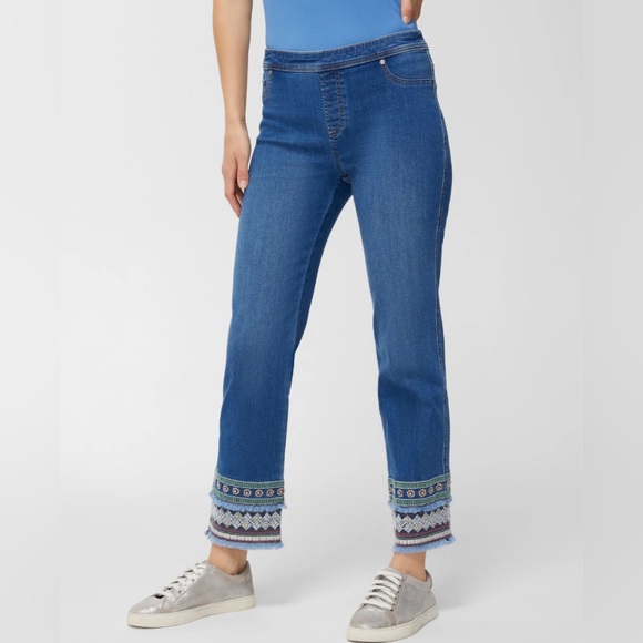 Chico’s Pull On Jean w Aztec Embroidery- Perfect Stretch Girlfriend Slim Ankle - Picture 2 of 8